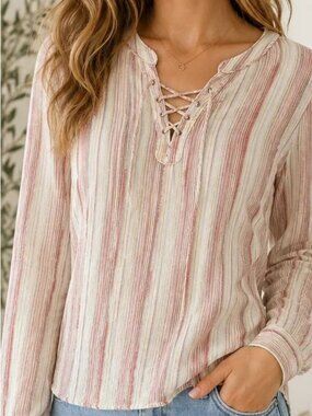 Sanctuary Striped Linen Lace-Up Boho Top Large Coastal Cottagecore V Neck